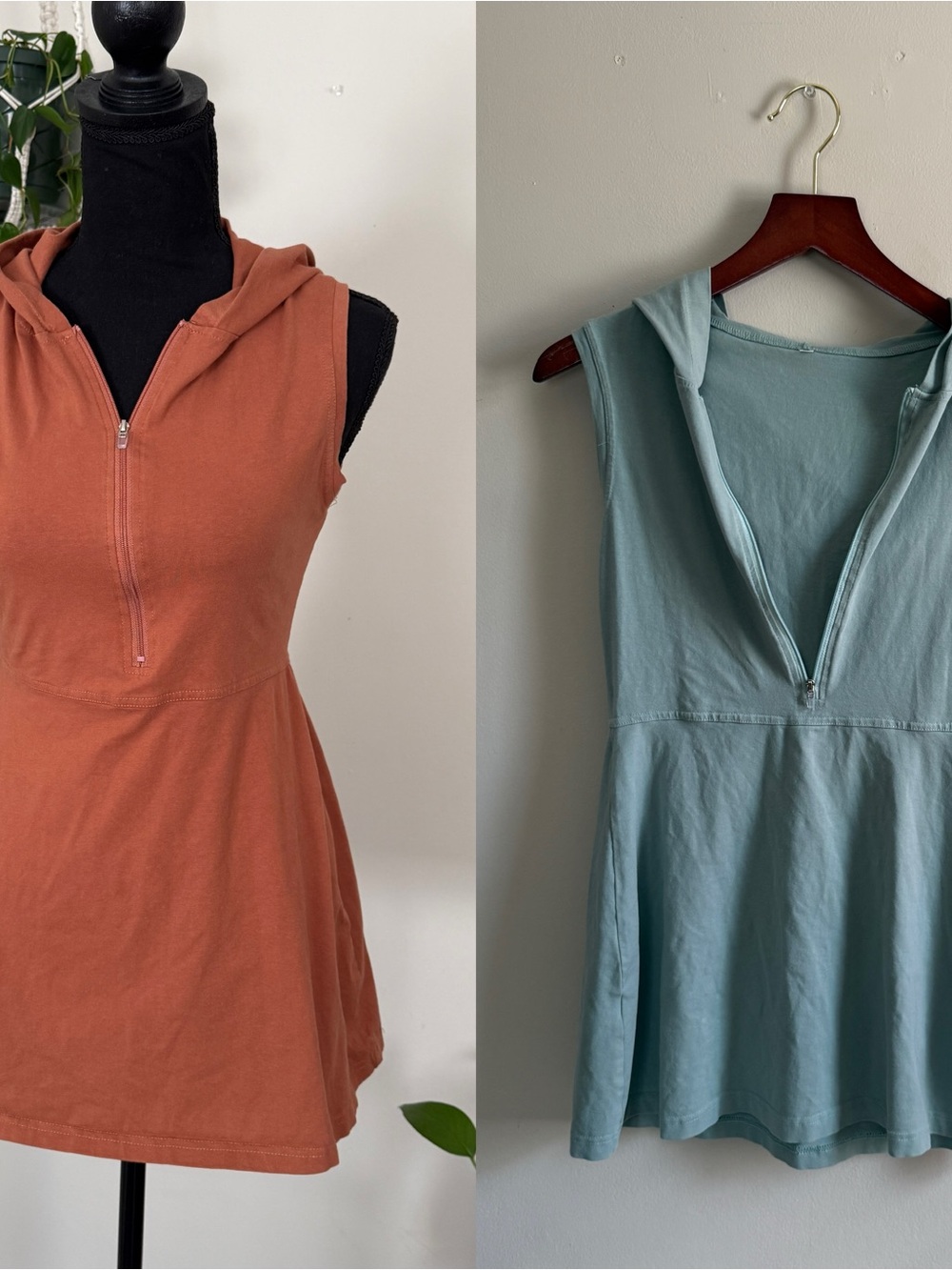 Sleeveless Hooded Zip Front Dress Tunic - Rust & Sage 2 Pack